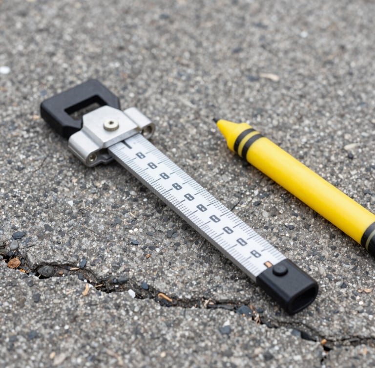 Close-up of measuring tools and a yellow marking crayon on cracked asphalt pavement, showing technical site assessment details.