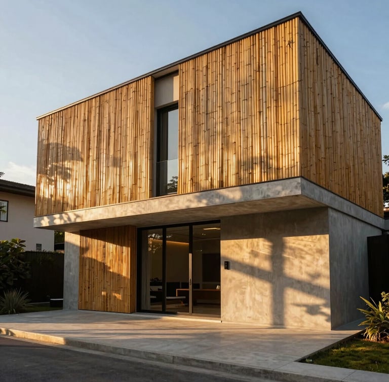 Wide-angle architectural shot of a luxury villa facade featuring sleek bamboo cladding, dramatic golden hour sun casting sharp linear shadow patterns on concrete