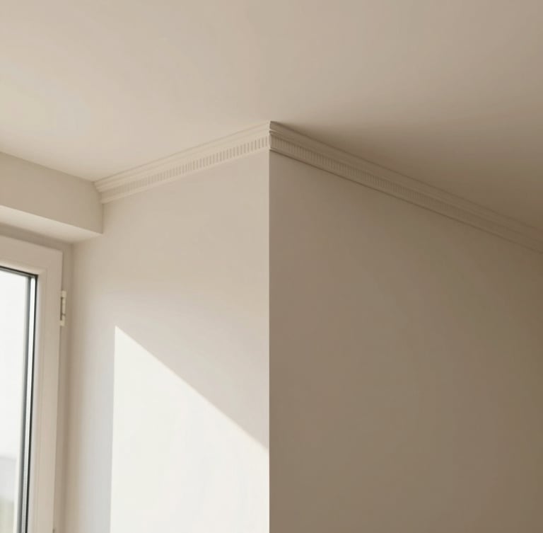 Close-up of a perfectly aligned molding joint where wall meets ceiling in a sunlit, minimalist interior, emphasizing precision and craftsmanship, warm neutral tones.