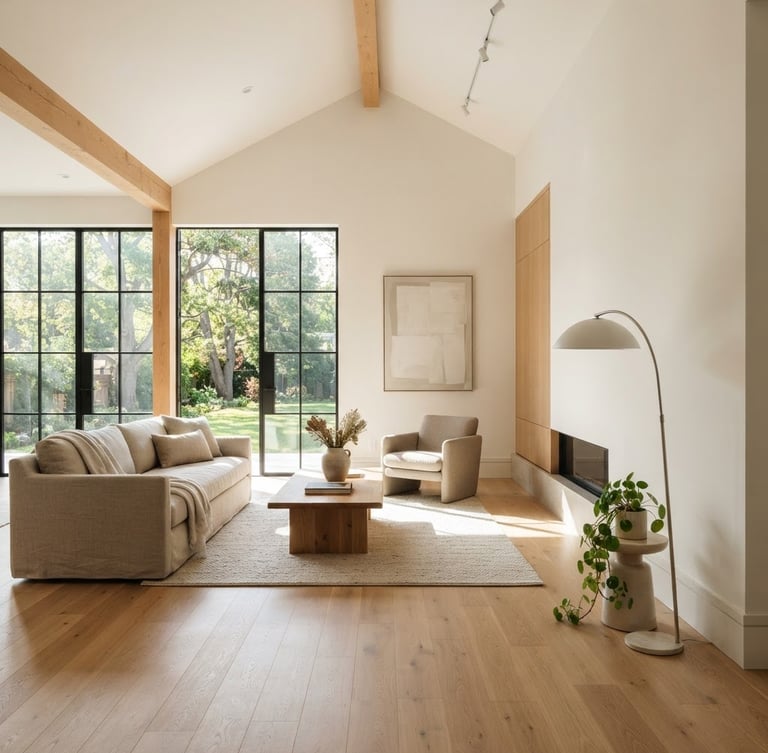 Wide-angle view of a finished, sunlit modern living room with clean lines and warm neutral tones, natural light streaming through large windows, showcasing architectural precision. A comfortable sofa is subtly placed to the left, with generous negative space to the right.