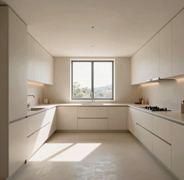 Wide-angle architectural shot of a minimalist, sunlit kitchen with warm neutral tones, clean lines, and high-end finishes, natural window daylight, sharp focus, 35mm