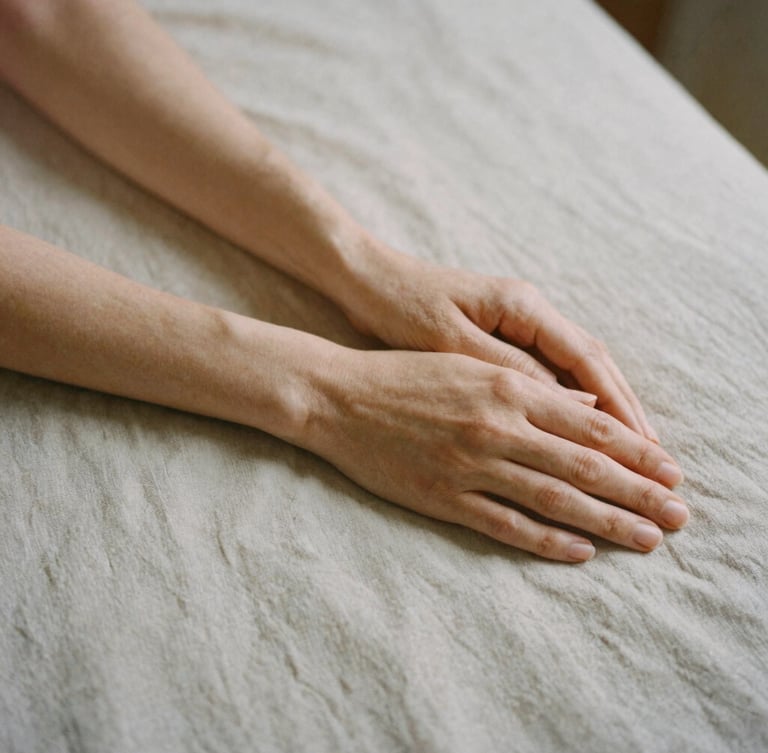 A quiet close-up of hands resting in repose on textured linen, soft overcast daylight casting gentle shadows, warm minimalist aesthetic, 35mm film texture