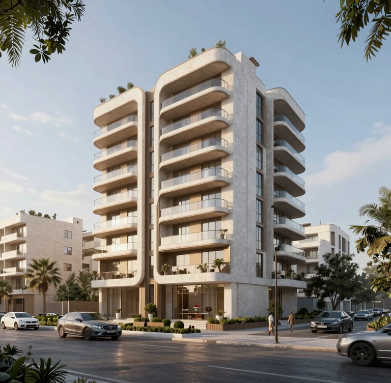 Symmetrical low-angle photograph of a modern stone residential tower in Damascus at golden hour, deep shadows, warm light reflecting off brushed brass details