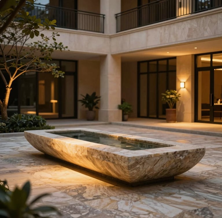 An elegant interior courtyard garden at dusk, warm low-key lighting highlighting a minimalist stone water feature and polished basalt paving