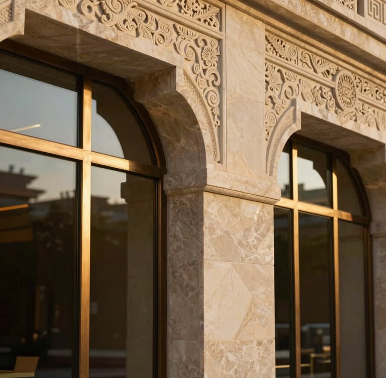 A dramatic close-up of hand-carved Syrian basalt stone integrated with sleek bronze-framed glass panels, warm golden-hour side light.