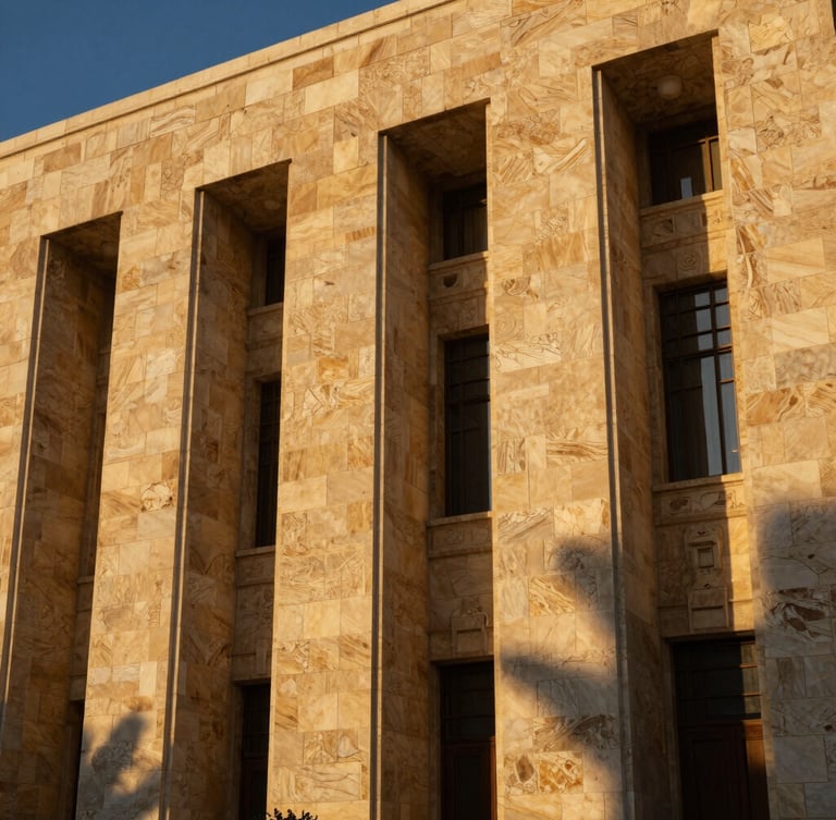 Low-angle heroic shot of a modern Syrian stone facade at golden hour, deep shadows, rich gold tones, elegant architectural photography.