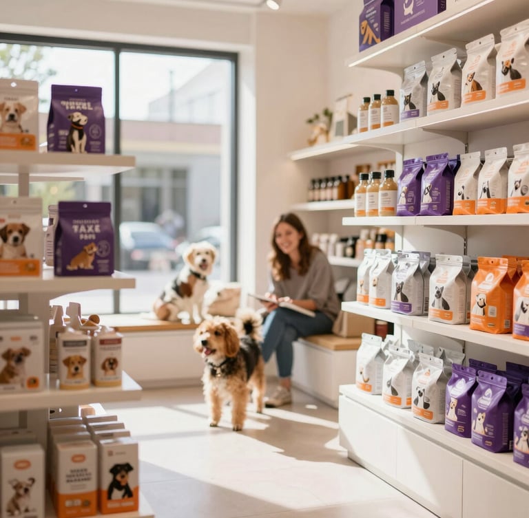Modern pet boutique interior, clean design, curated premium pet products displayed on elegant shelves, warm natural daylight, a happy customer with their dog in the background, shallow depth of field.