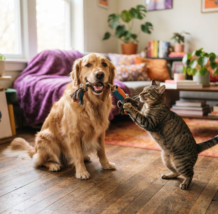 Wide panoramic shot of a happy golden retriever and a playful tabby cat sharing a premium toy, natural daylight, shallow depth of field, vibrant purple and orange accents in background, eye-level framing.
