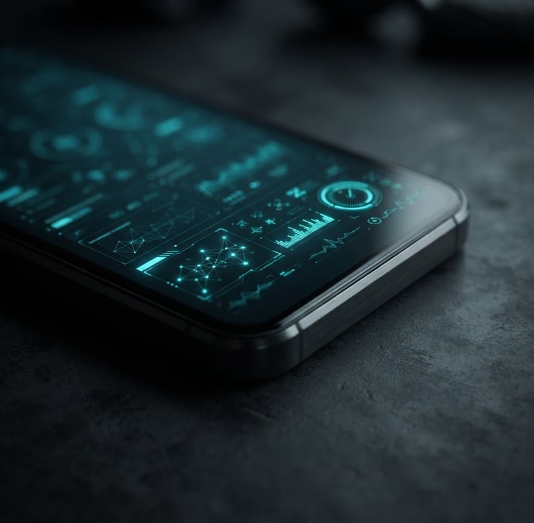 Extreme close-up of a sleek 3D smartphone mockup on a dark surface, glowing electric cyan UI elements on screen, low-key moody lighting, macro depth of field