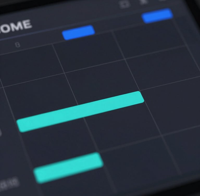 Extreme close-up macro render of a dark-mode calendar interface showing clean grid lines and electric cyan event markers, moody studio lighting