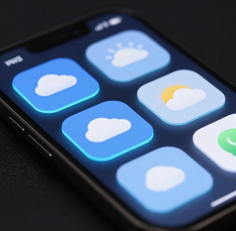 Extreme close-up of a premium smartphone screen displaying a minimalist weather widget, sharp electric cyan edge-glow, dark moody studio lighting, ultra-detailed UI elements, macro depth of field