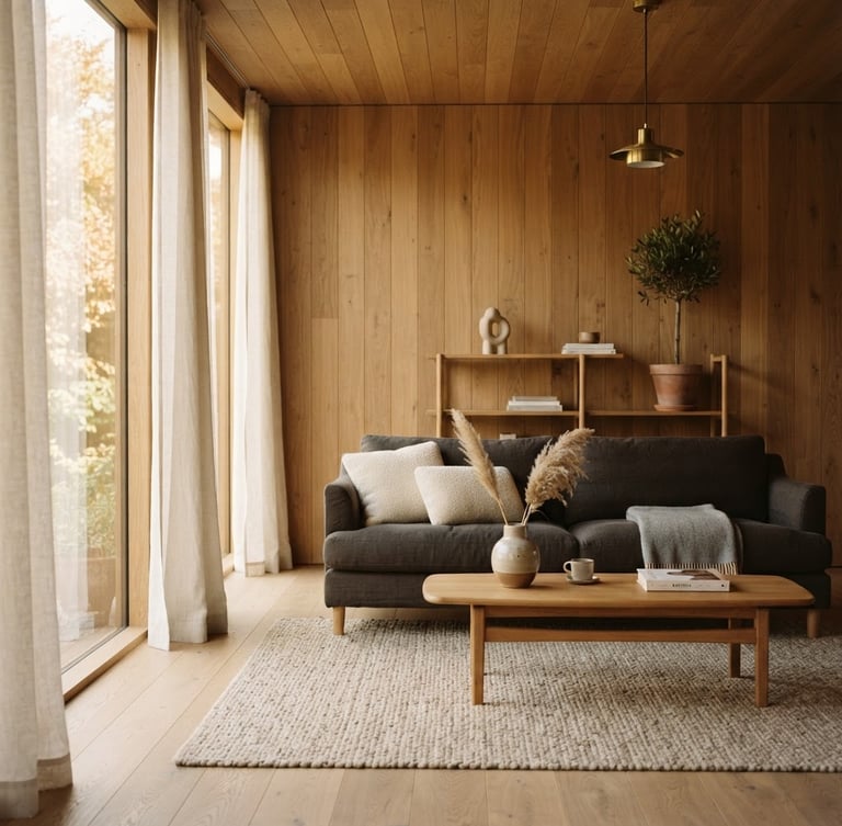 Warm editorial interior photography, a sunlit living room with natural oak paneling, soft linen curtains catching morning light, minimal luxury aesthetic, 35mm lens.
