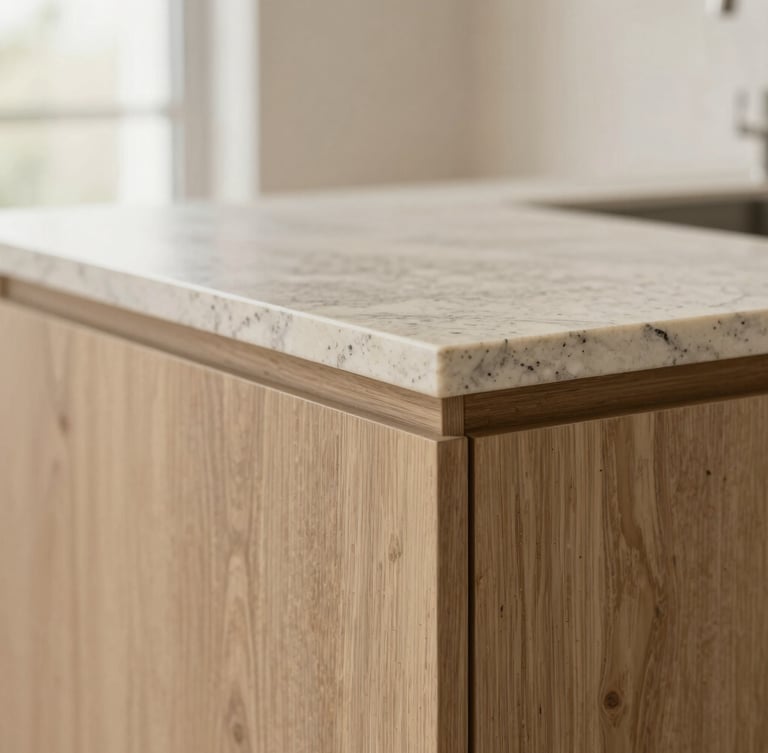Close-up of premium material textures, raw natural oak grain meeting a slab of honed travertine stone, soft diffused side lighting, shallow depth of field.