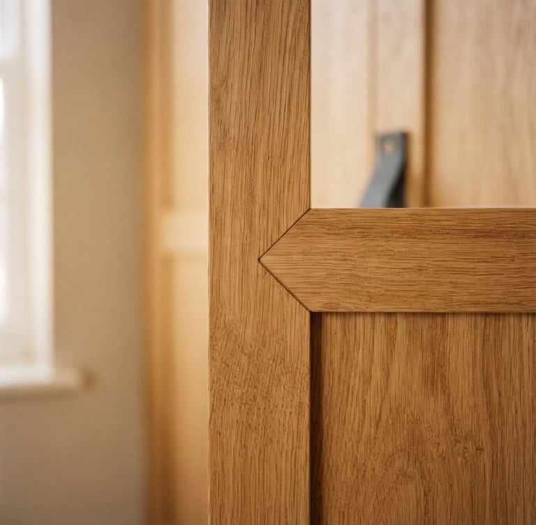 Close-up of a flawless custom wardrobe joint in natural oak, soft morning light, warm minimalist aesthetic