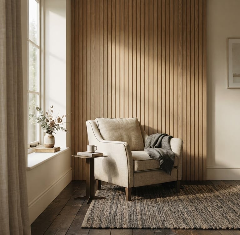 A tall portrait of a minimalist luxury interior, soft natural window light casting gentle shadows on a white oak wall panel and a beige linen armchair, warm-toned minimalist editorial style, 35mm lens