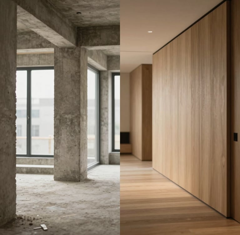 Side-by-side split composition: on the left, a raw concrete architectural structure under construction; on the right, the finished luxury interior with soft warm lighting and oak paneling.