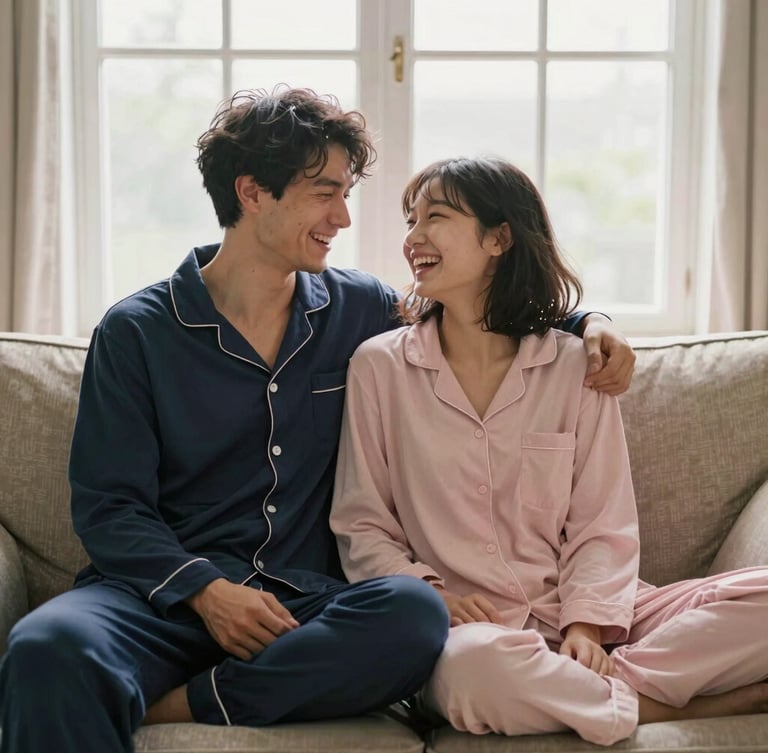 Cozy couple laughing on a sofa in the morning, wearing soft matching navy and blush pink pajamas, warm morning window light, shallow depth of field, 35mm