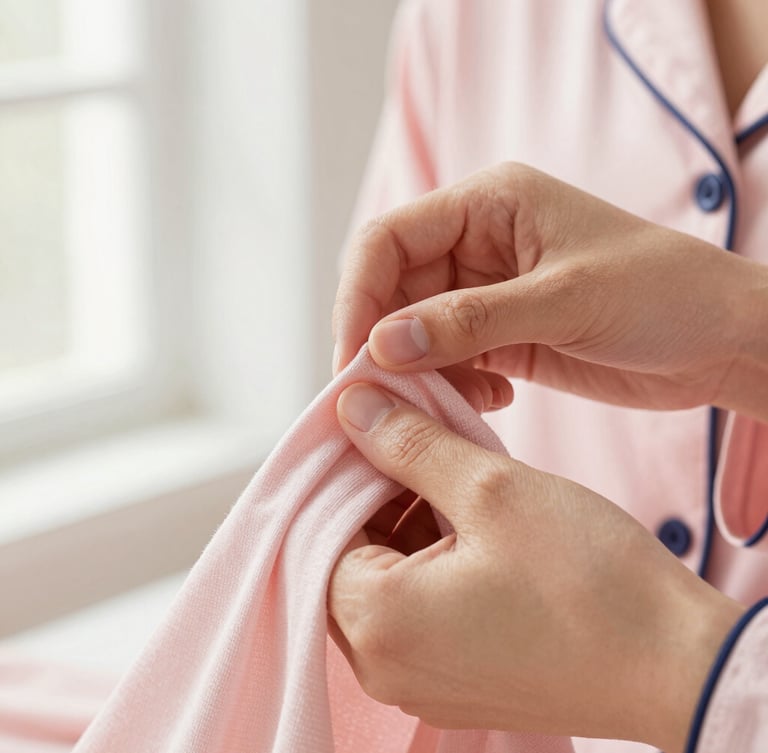 Close-up detalhado de mãos femininas tocando um tecido de pijama de algodão ultra macio e texturizado, foco seletivo na trama delicada, iluminação suave de estúdio natural.
