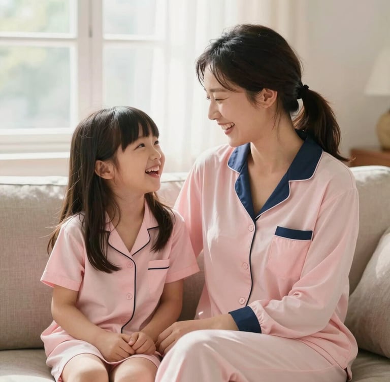 Warm editorial photography of a mother and daughter laughing on a cozy sofa under soft morning window light, wearing matching elegant pink sleepwear, shallow depth of field, 35mm