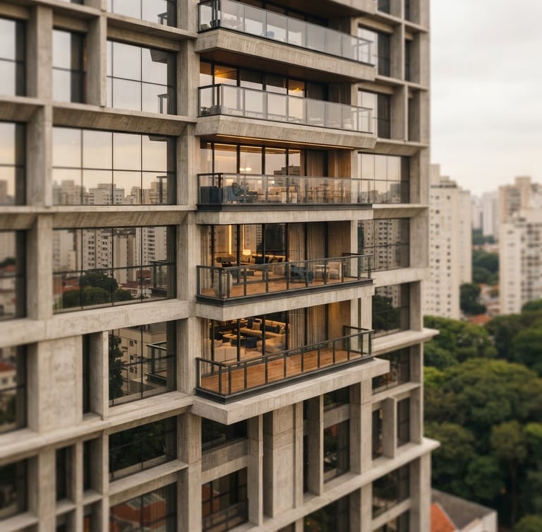 Architectural detail of a premium modern residential skyscraper in São Paulo, warm champagne gold lighting on concrete and glass facade, shallow depth of field, 35mm editorial photography