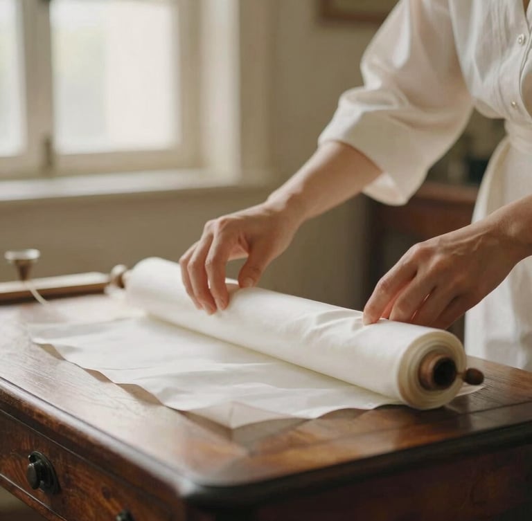 Close-up of elegant hands carefully measuring a roll of soft white silk on an antique wooden table, warm diffused studio lighting, 35mm film