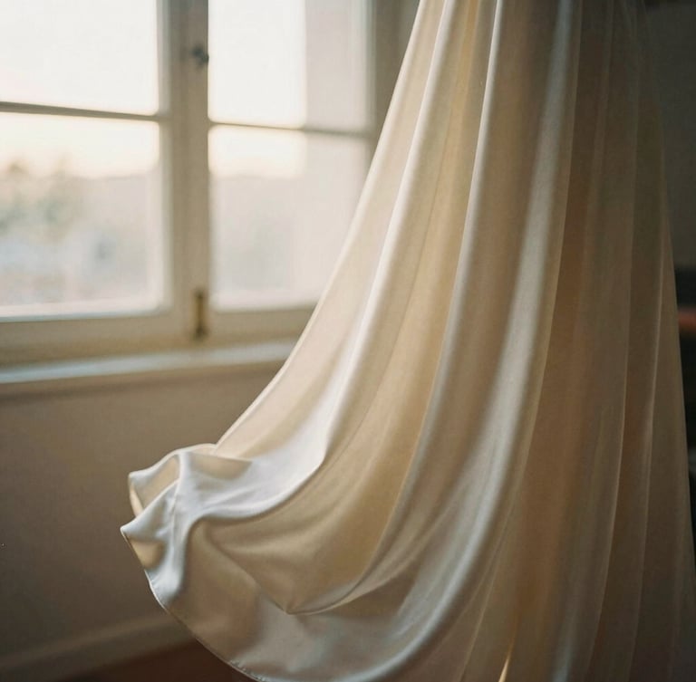 Warm editorial photography of heavy cream satin fabric cascading over a model in gentle motion, soft golden-hour window light, shallow depth of field, 35mm film
