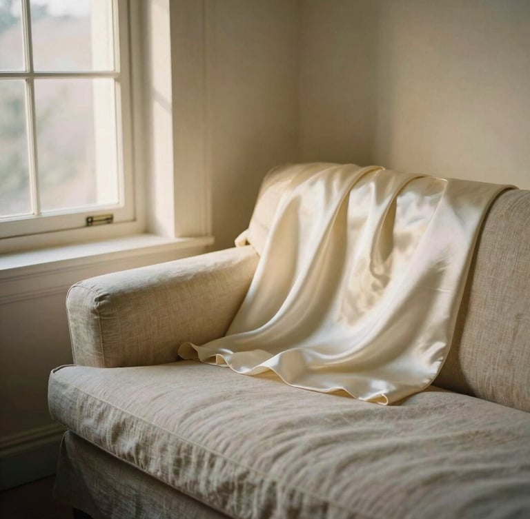 A serene, sun-drenched atelier corner with a linen chaise lounge, a silk slip top draped softly over the back, warm golden-hour window light, 35mm film