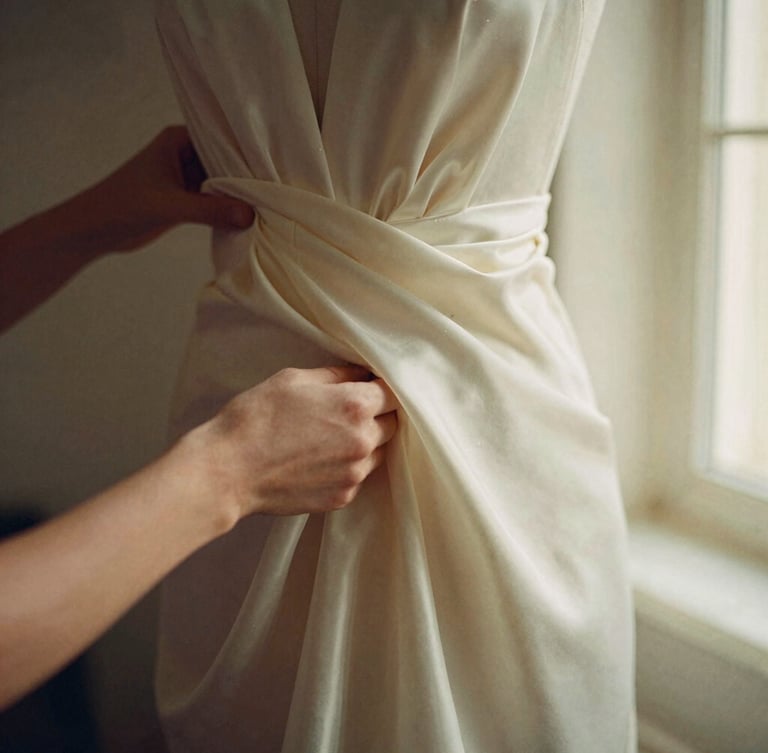 Close-up of hands draping heavy cream satin fabric on a dress form, warm golden-hour window light, soft focus, 35mm film