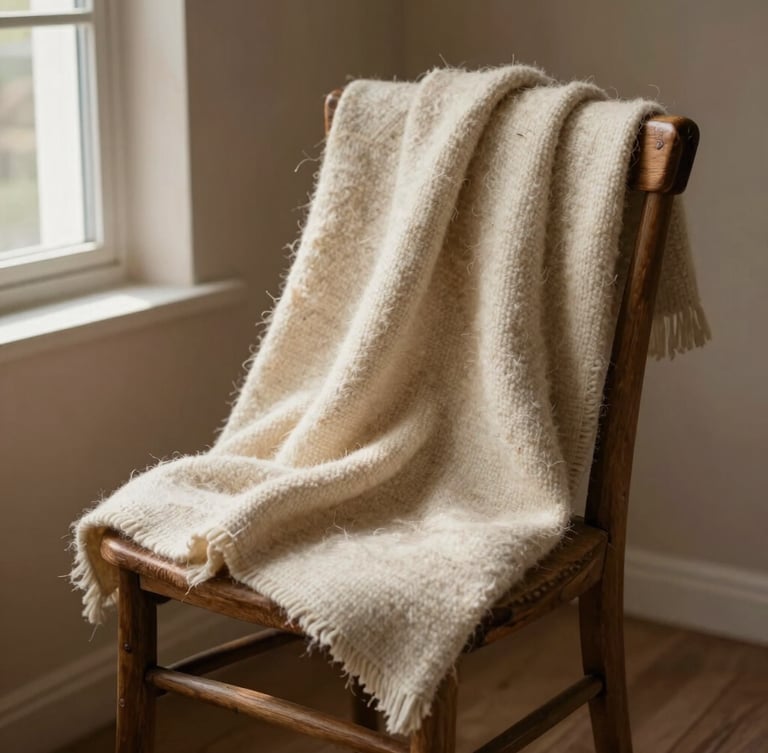 A raw wool blanket draped loosely over an old oak chair, soft diffused window light casting deep natural shadows, clay-toned background.