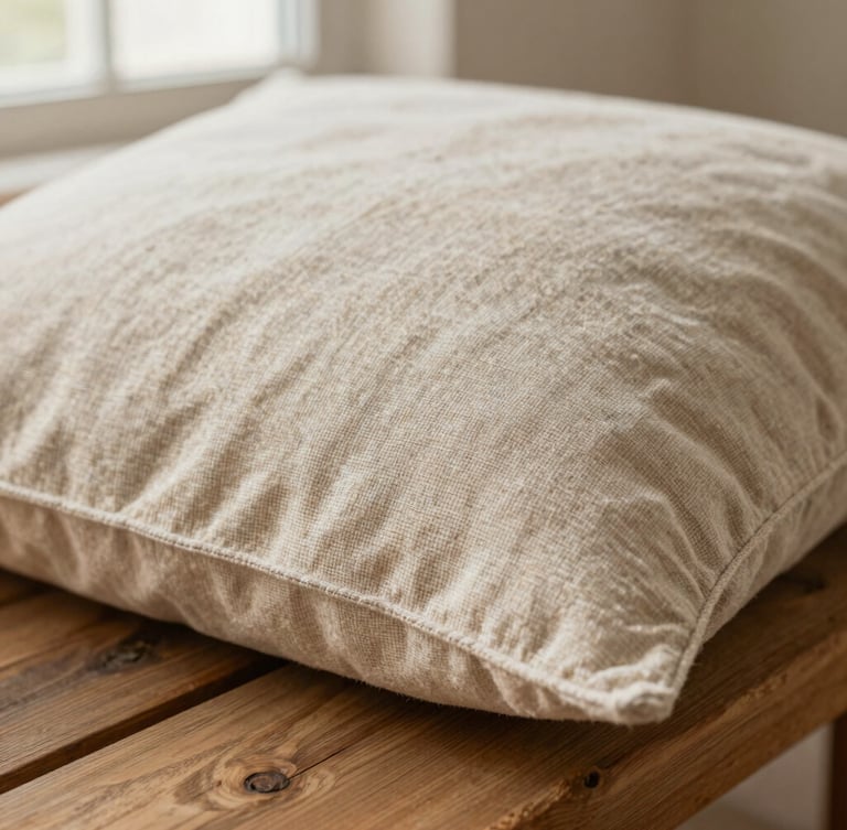 Close-up macro shot of a heavy-gauge oatmeal linen pillow cover resting on a rustic wooden bench, showing the intricate hand-loomed weave, soft morning light.