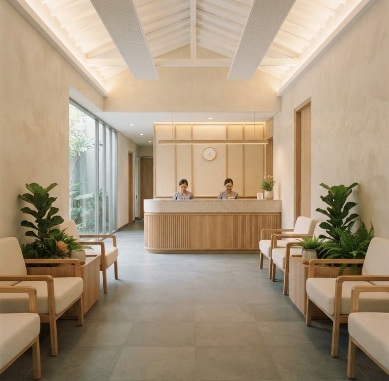 Symmetrical wide shot of a serene, light-filled clinical reception area in South Jakarta, warm alabaster walls, minimalist oak reception desk, soft morning light, premium editorial photography, 35mm