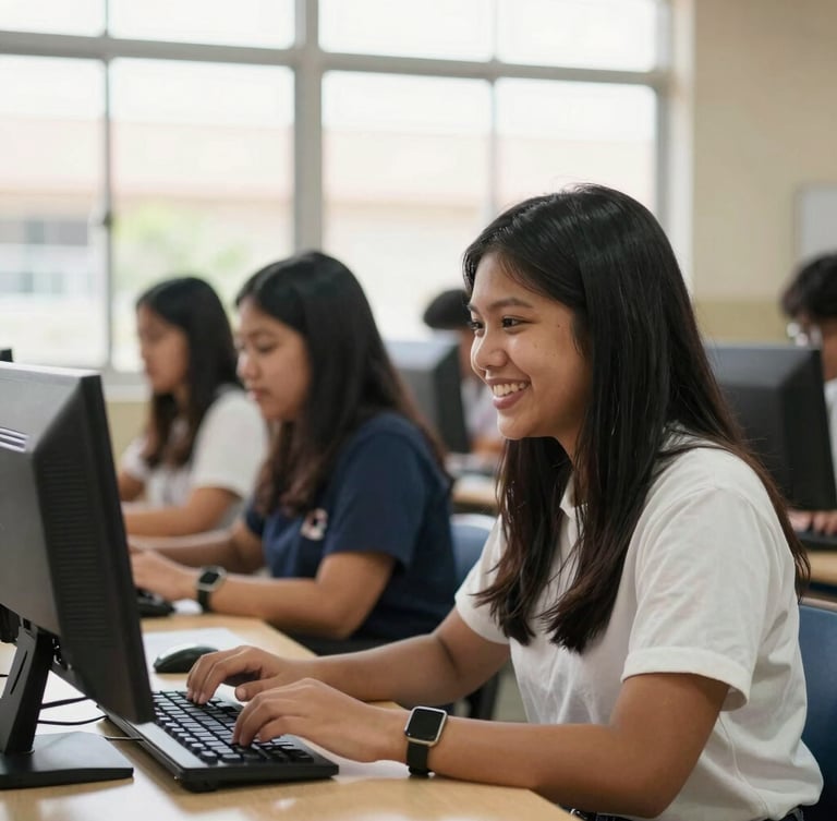 Candid medium shot of a Filipino student smiling proudly while working on a computer, warm natural window light, local community college setting, 35mm