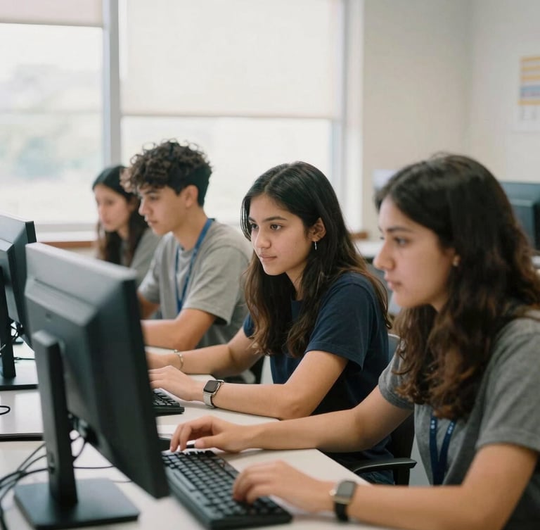 Candid student collaboration in a bright computer lab, natural daylight, warm editorial photography, authentic community tones, 35mm.