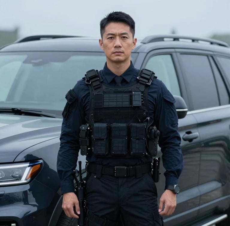 Portrait shot of a professional tactical operator in sharp corporate-tactical attire, standing beside a dark-toned executive SUV, low-key lighting, cool overcast daylight.
