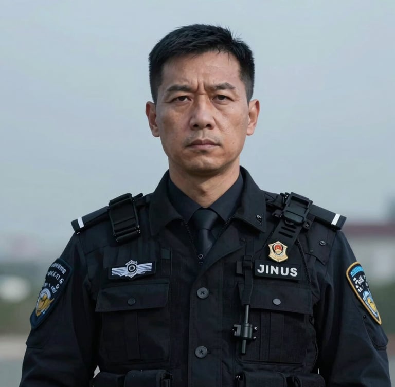 High-contrast portrait of a serious, experienced security professional in a dark corporate tactical suit, looking directly at the camera, cool overcast daylight. Sharp focus, 35mm lens.
