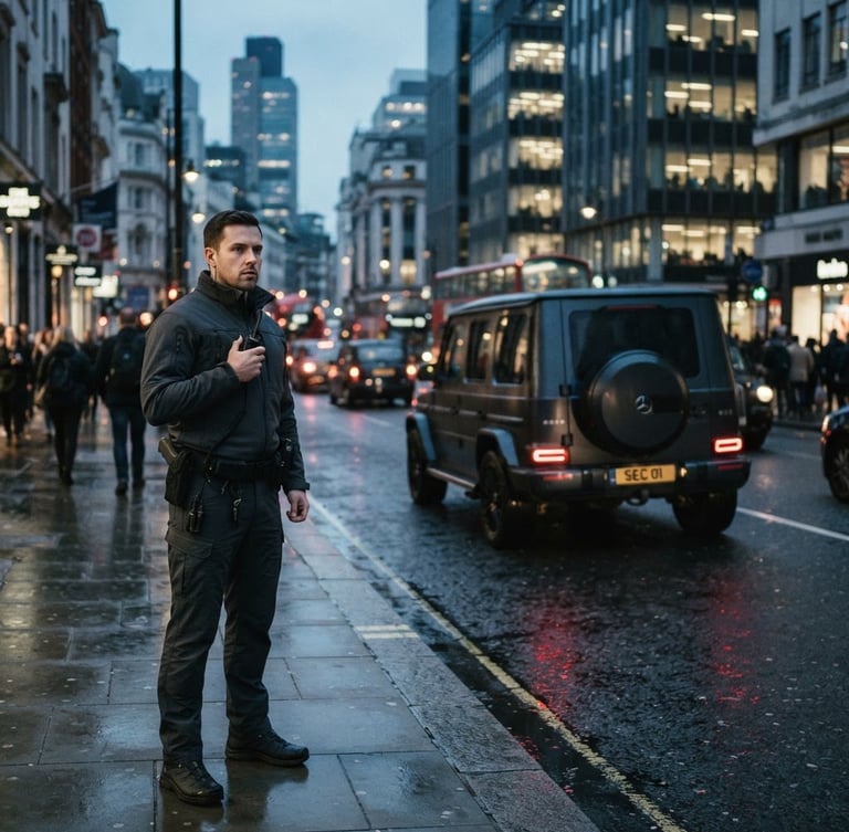 Wide shot of a dark-toned executive transport SUV moving through an urban environment at dusk, cool overcast daylight, sharp focus, 35mm lens, with a professional team member in corporate-tactical attire visible in the foreground, blurred city lights in background.