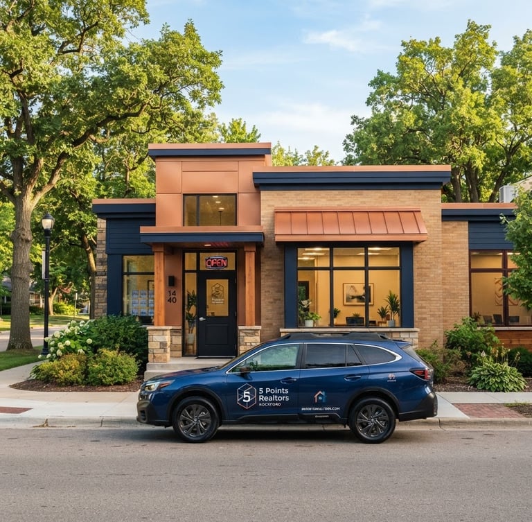 A warm daylight photo of the 5 Points Realtors Rockford office exterior with a branded vehicle parked in front, clean architectural lines, warm copper accents, 35mm lens
