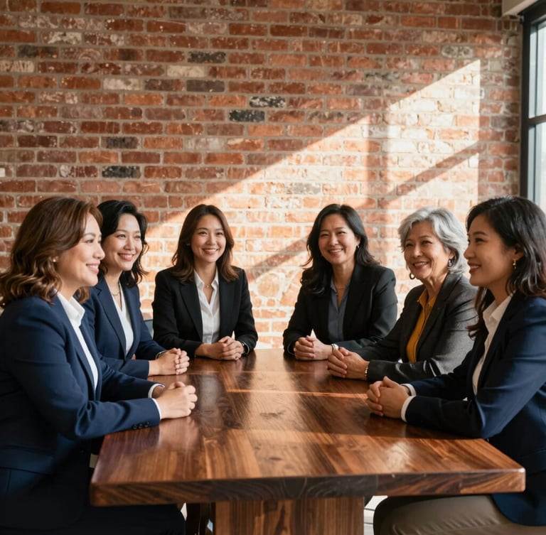 Environmental portrait of Rockford real estate agents collaborating around a dark wood table in a warm, sunlit office with exposed brick walls, 35mm lens.