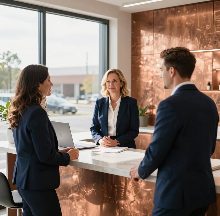 A professional environmental portrait of Rockford real estate agents collaborating inside a bright, modern office with warm copper details, natural daylight, 35mm lens