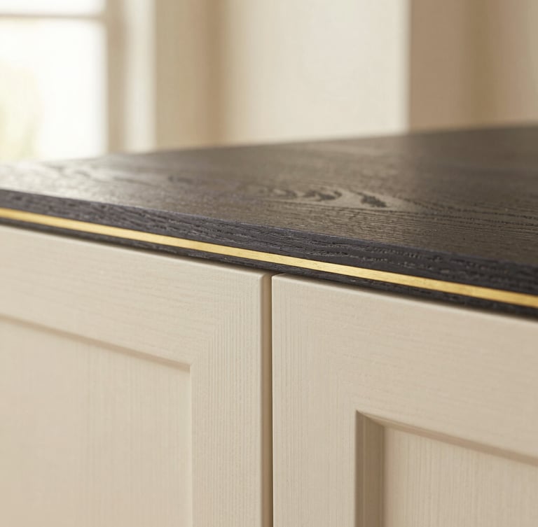 Close-up macro shot of bespoke teak joinery with a subtle brass inlay, warm indirect light, showing texture and precision, cream and charcoal tones