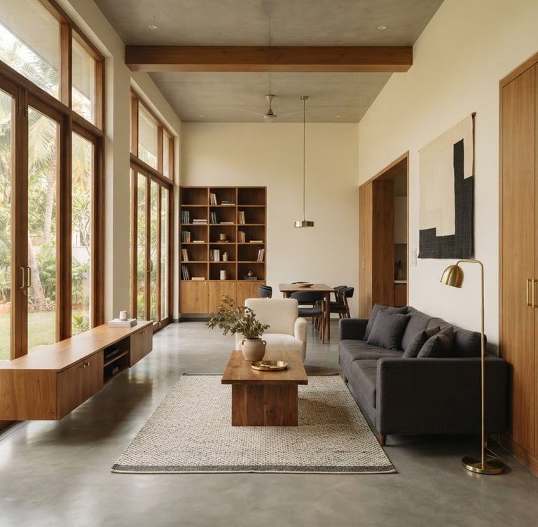 Wide-angle architectural shot of a minimalist Indian living room, cream walls, custom teak joinery, soft morning window light, subtle brass accents, expansive spatial flow, 35mm lens, warm editorial interior photography.