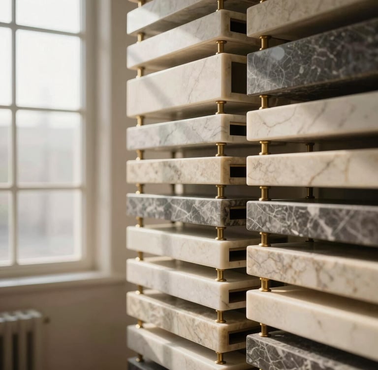 Bespoke interior design studio material library, architectural close-up of marble slabs and brass joints, warm morning window light, 35mm