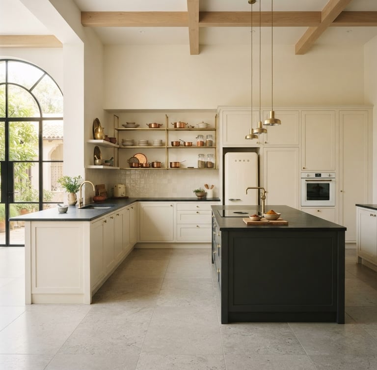 Wide-angle architectural shot of a minimalist Indian kitchen, warm morning light, cream cabinets, charcoal countertops, brass hardware, 35mm lens, expansive spatial flow.
