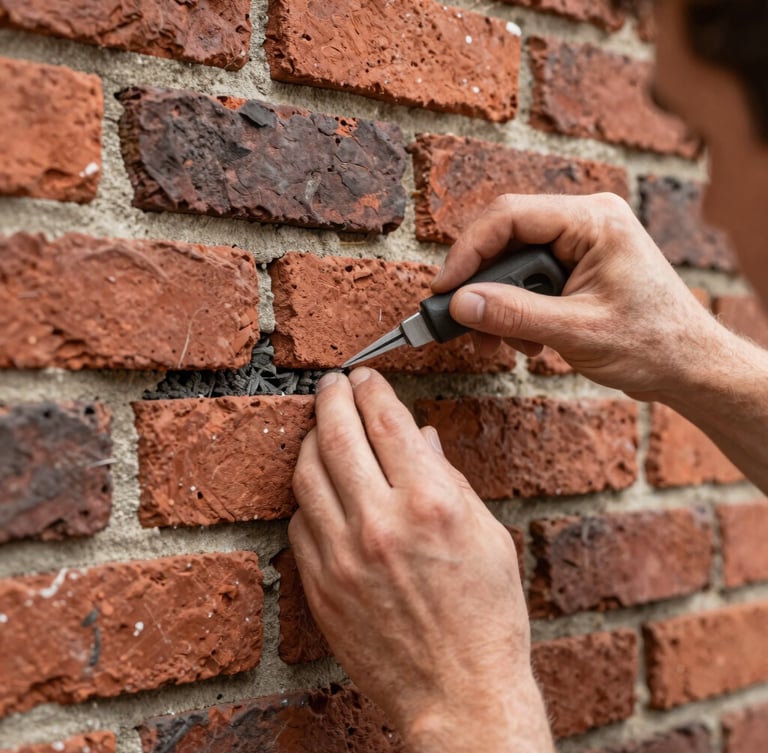 Portrait orientation close-up of a skilled technician's hands performing tuckpointing on historic brick mortar, natural daylight, warm editorial photography, rich brick reds and deep charcoals, sharp focus, 35mm lens