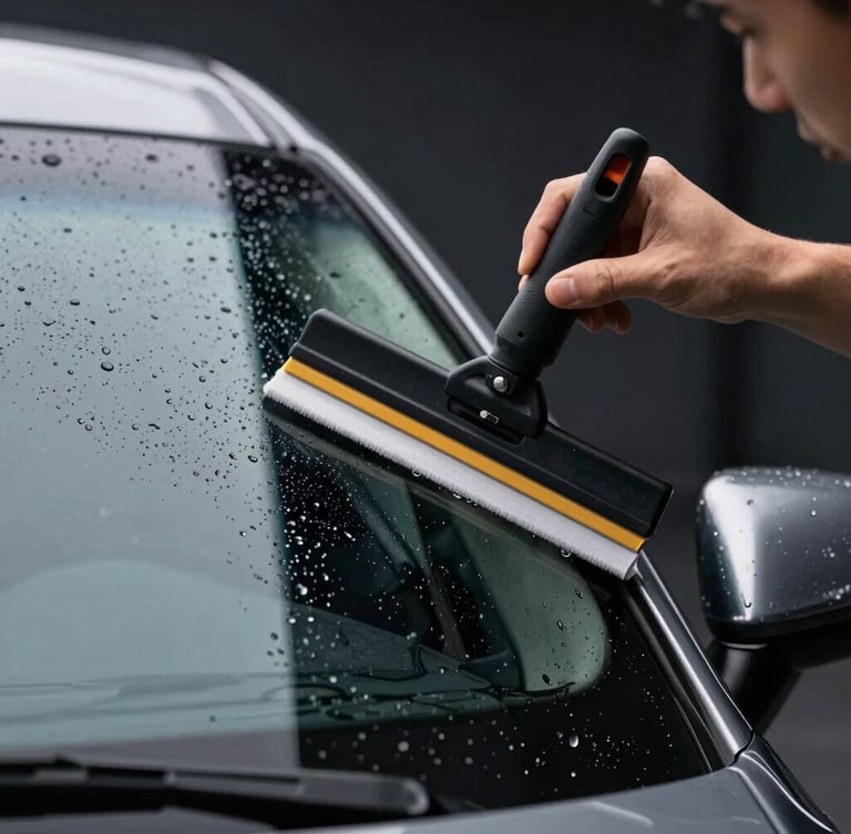 Close-up of a professional technician using a precision squeegee to apply a dark tint film to a luxury car window, water droplets, sharp focus, dramatic studio lighting