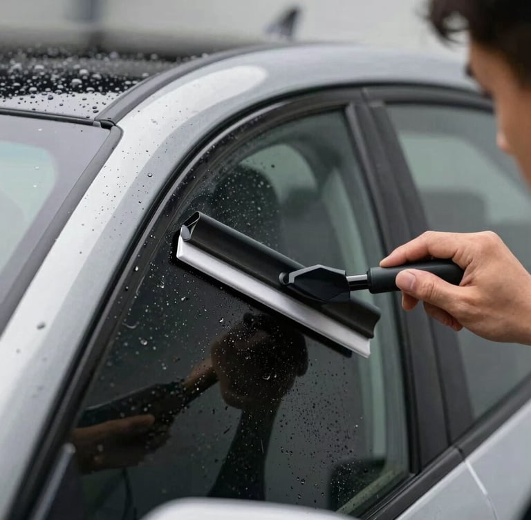Macro shot of a professional technician using a squeegee to precisely apply a dark ceramic window film onto a curved car window, water droplets visible