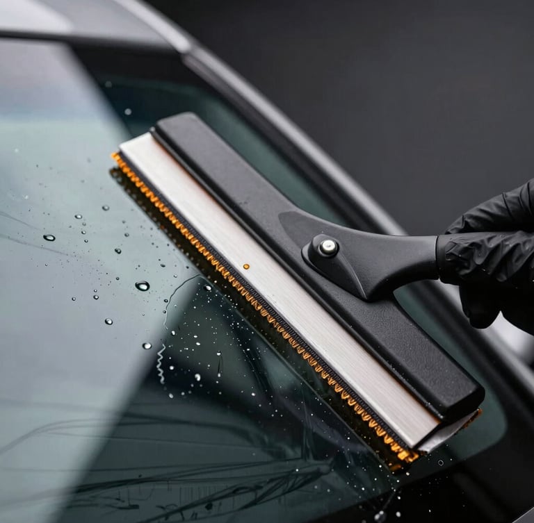 A close-up macro shot of professional window tinting application inside a dark automotive studio. A squeegee smoothly glides across a curved glass surface, pushing water droplets away. Sharp amber rim lighting highlights the sleek glass edge and clean micro-fiber textures.