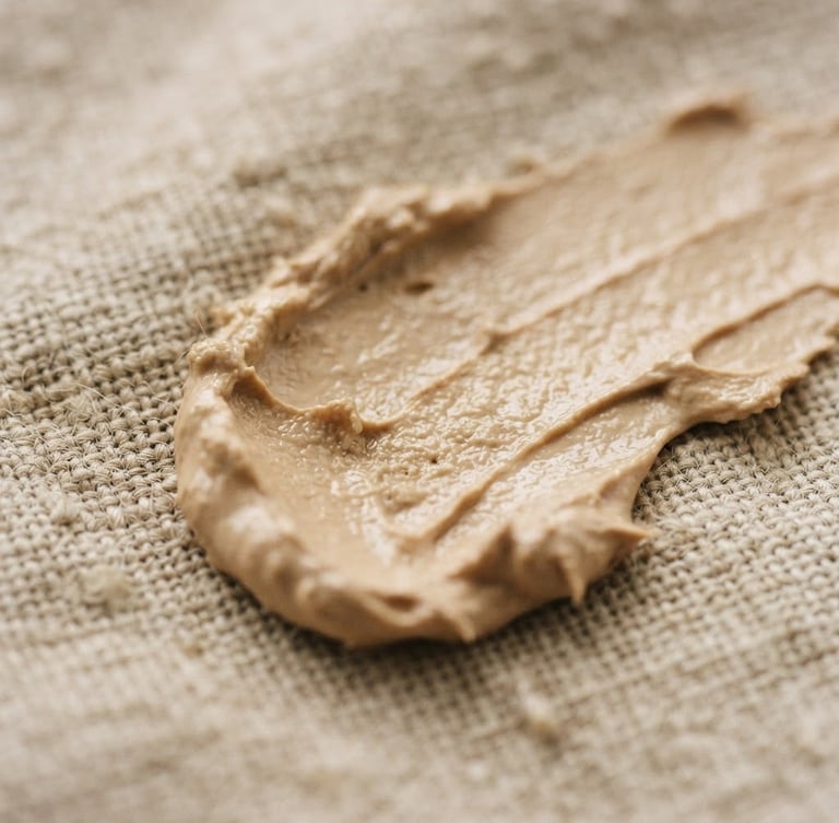 Macro close-up of a thick cream swatch on textured linen, soft natural daylight, warm sand tones, 35mm film grain.