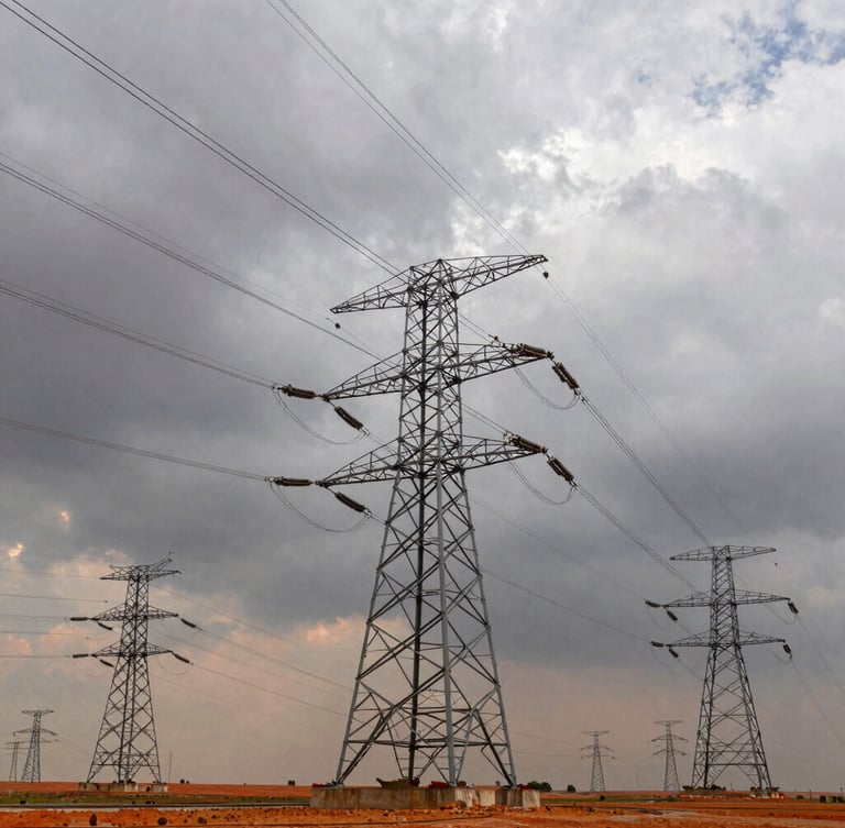 Wide-angle environmental shot of high-voltage transmission lines stretching across a dramatic overcast sky with metallic structures