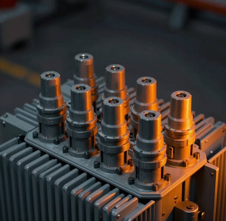 Macro close-up of heavy high-voltage industrial transformer terminals, crisp technical details, sharp industrial studio lighting with warm orange safety highlights, deep charcoal background.